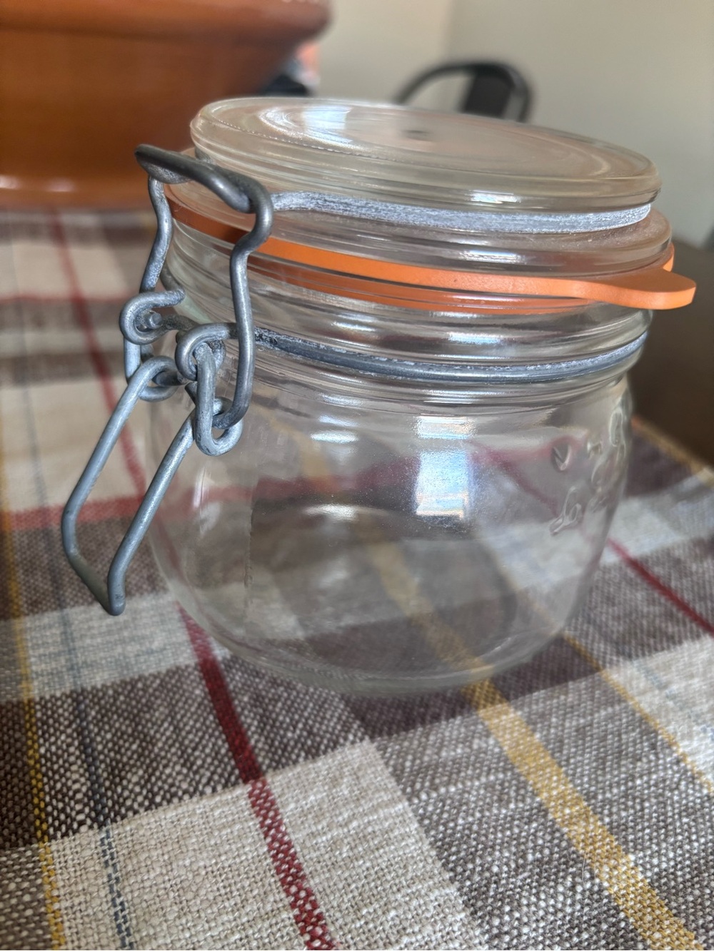 Vintage 1/2 pint Glass Storage Jar with Orange Silicone Seal and Metal Clamp